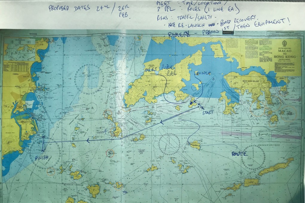Hong Kong kitesurfer Hillian Siu’s route map for her journey from Soko Island, southwest of Hong Kong’s Lantau Island, across the Pearl River Delta to Macau on March 1 this year. She wants to lead a mass sail of the route to raise awareness of marine pollution.