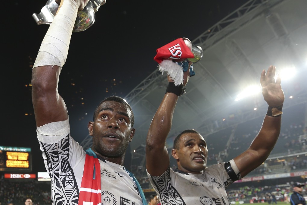 Isake Katonibau (right) celebrates Fiji’s victory in the 2015 Hong Kong Sevens. Photo: K.Y Cheng
