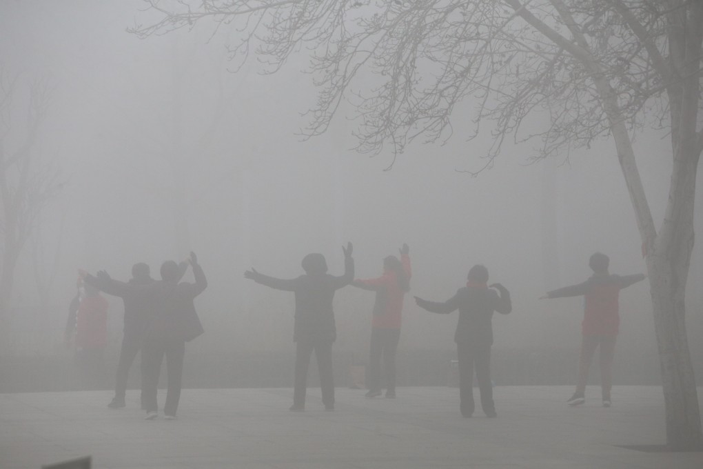 Residents on Zhengzhou in Henan, one of the worst performing provinces, exercise in the smog. Photo: Reuters