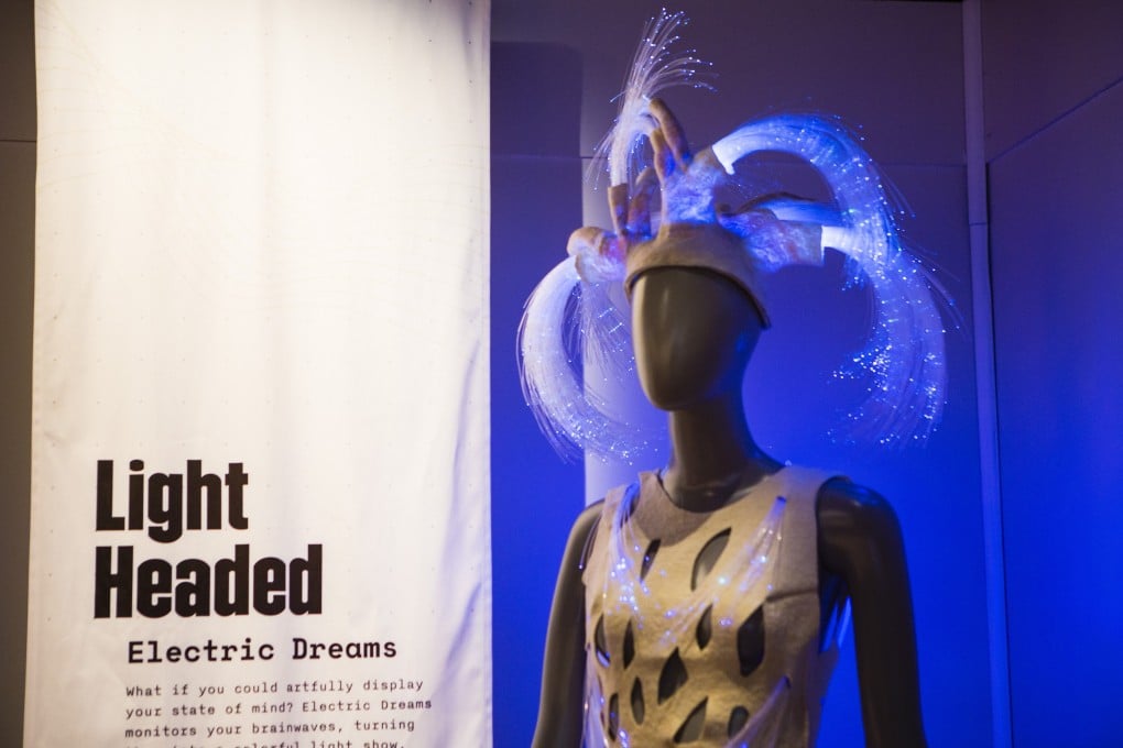 A device that senses alpha, beta and theta waves in the wearer’s brain and causes the head dress to light up in different colours at the ‘Wired to Wear’ exhibit featuring wearable technology at the Museum of Science and Industry. Photo: AP