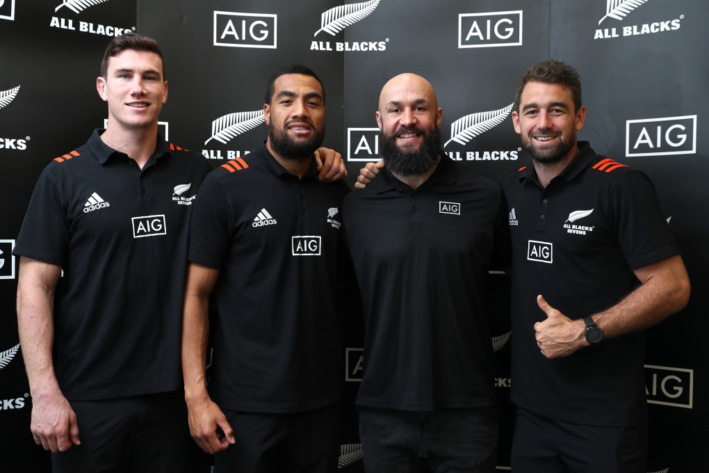 Current New Zealand All Blacks sevens players (left to right) Sam Dickson, Sione Molia, retired player DJ Forbes and current player Kurt Baker in Hong Kong for an AIG event. Photo: Winson Wong