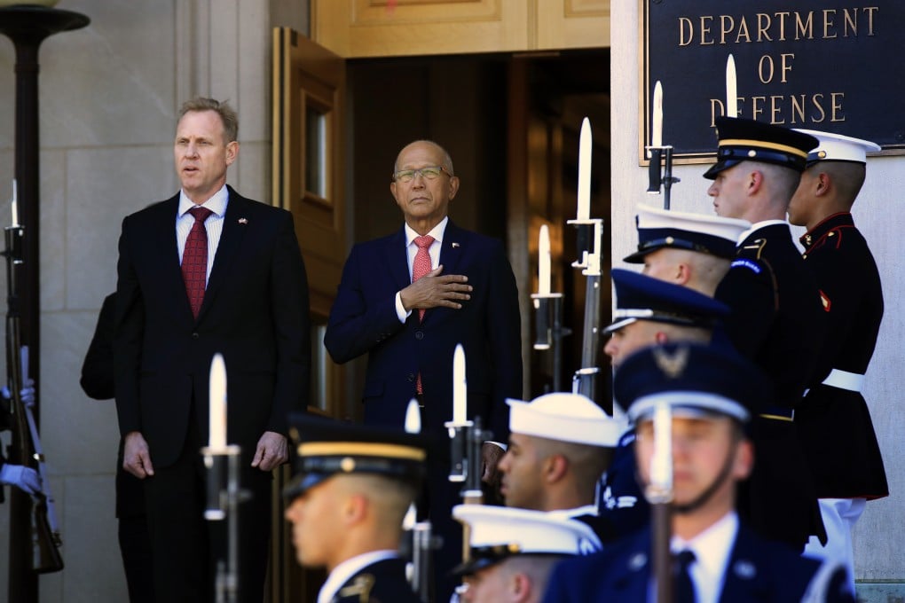 Acting Secretary of Defence Patrick Shanahan welcomes visiting Philippines Secretary of National Defense Delfin Lorenzana to Washington. Photo: AP