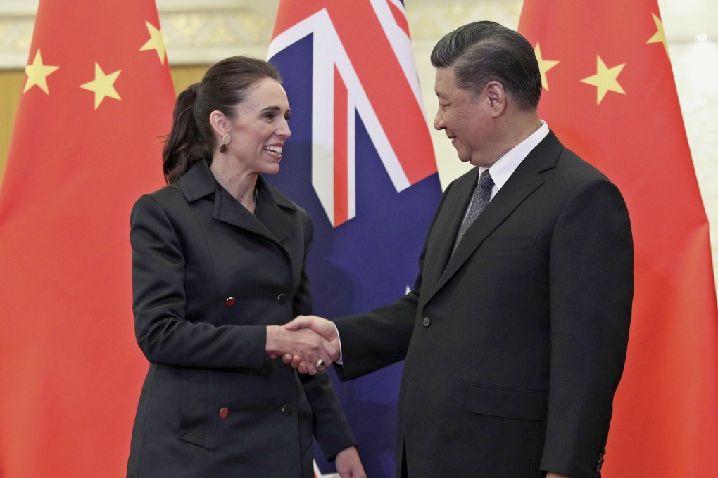 New Zealand Prime Minister Jacinda Ardern shakes hands with Chinese President Xi Jinping before their meeting at the Great Hall of the People on Monday. Photo: EPA-EFE