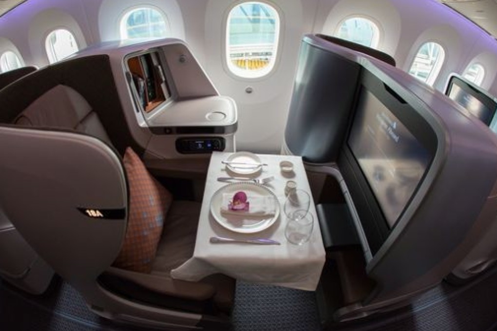 The business class cabin aboard a Singapore Airlines Boeing 787. The airline is rated best in the world, best in Asia and best for economy class in the 2019 Tripadvisor Travellers’ Choice rankings. Photo: Jeremy Dwyer-Lindgren