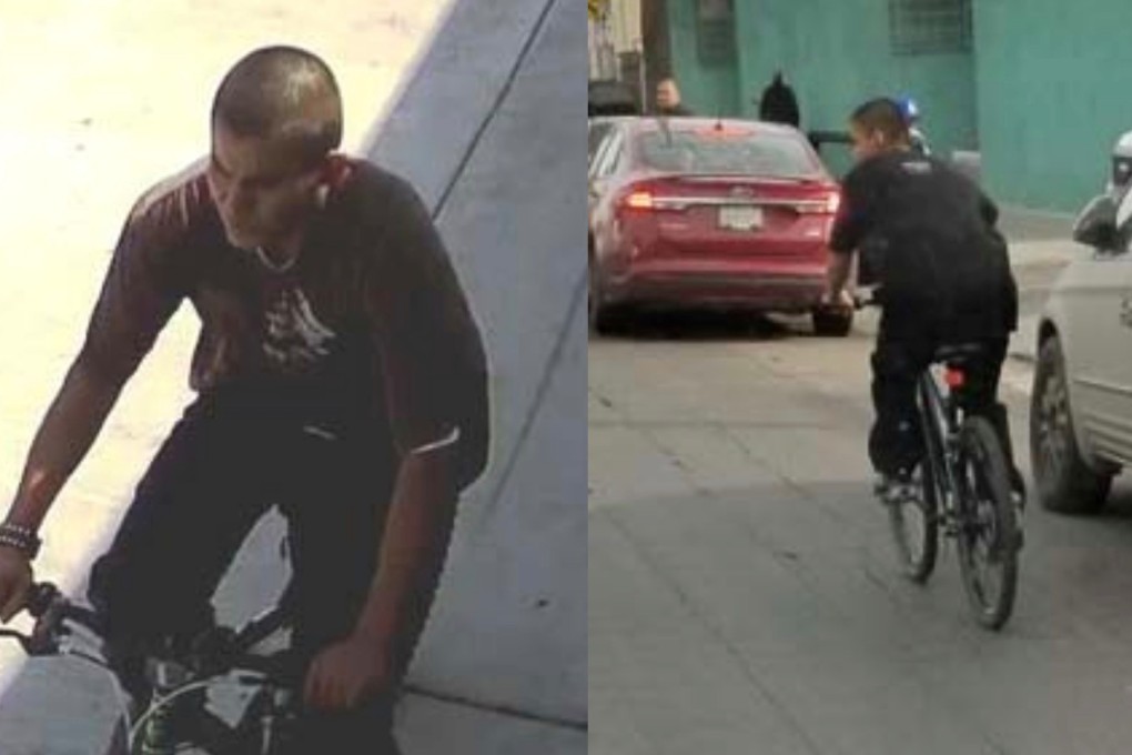 The suspected slasher is seen riding a black and green mountain bike in this combination image released by police in Los Angeles. Photo: Reuters