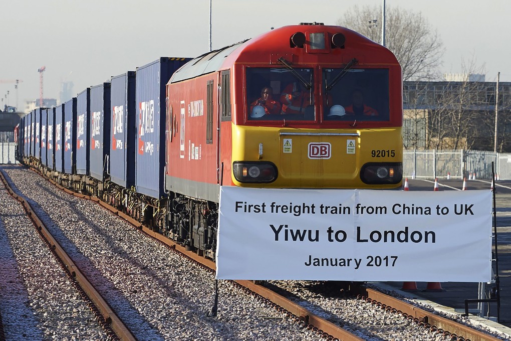 A freight train laden with goods from China, arriving at DB Cargo's London Eurohub rail freight depot in Barking, east London, from Yiwu in Zhejiang province on January 18. 2017. Photo: AFP
