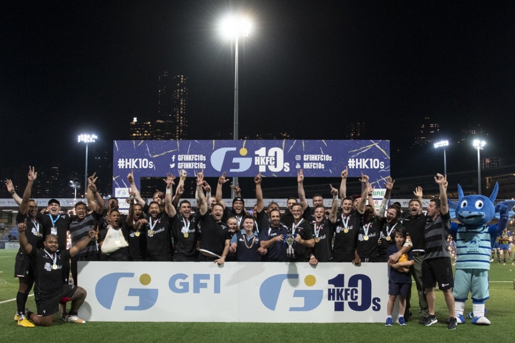 Biarritz Gavekal celebrate winning the Cup competition at the GFI HKFC Rugby Tens. Photos: David Paul Morris/Clique Visuals