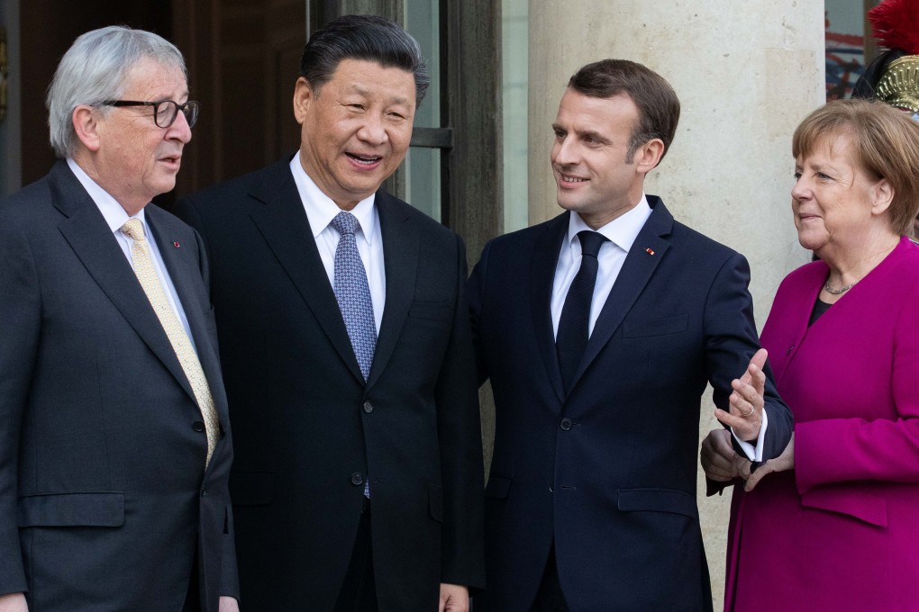 European Commission president Jean-Claude Juncker (left), Chinese President Xi Jinping, French President Emmanuel Macron and German Chancellor Angela Merkel gather in the courtyard of the Elysee Palace ahead of a meeting in Paris on March 26. Photo: Bloomberg