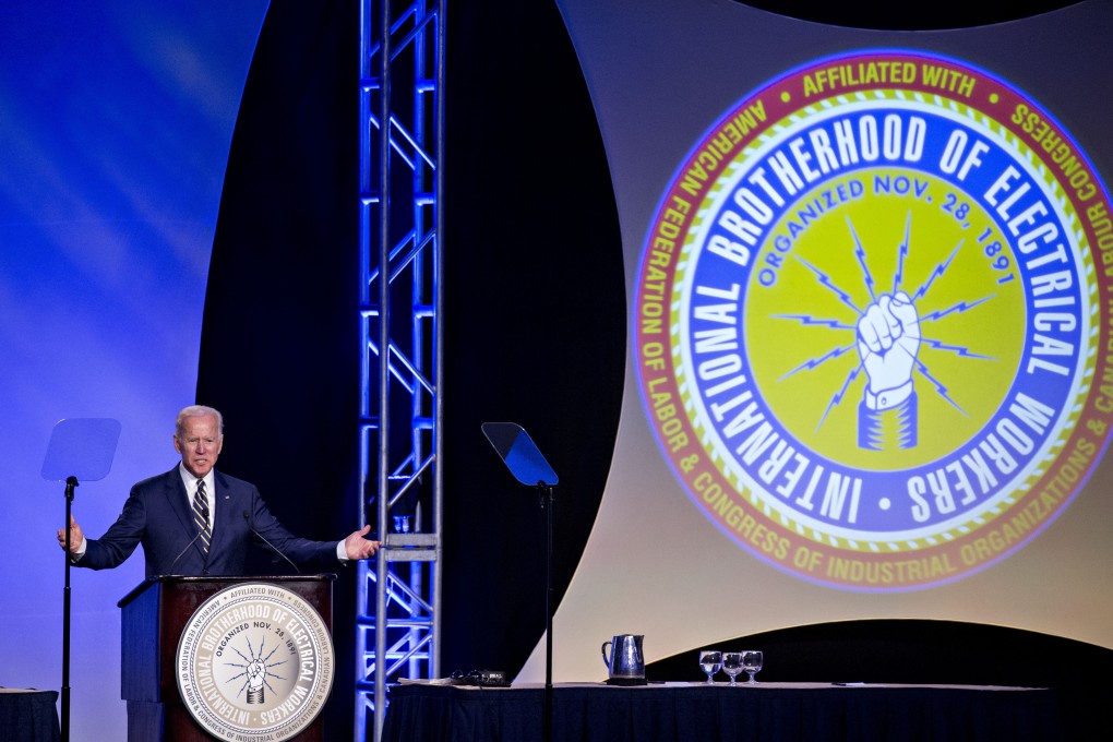 Joe Biden speaks at the International Brotherhood of Electrical Workers conference in Washington on April 5, 2019. Photo: Bloomberg