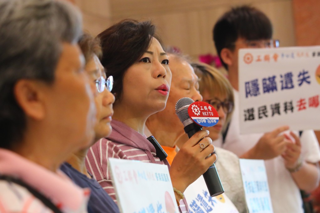 Alice Mak leads a protest on Saturday outside the Registration and Electoral Office over the loss of voter registration details. Photo: Edmond So