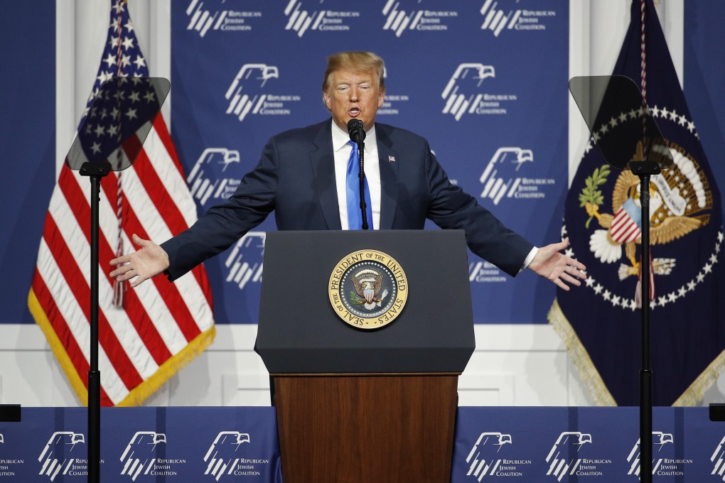 US President Donald Trump speaks at an annual meeting of the Republican Jewish Coalition in Las Vegas on Saturday. Photo: AP