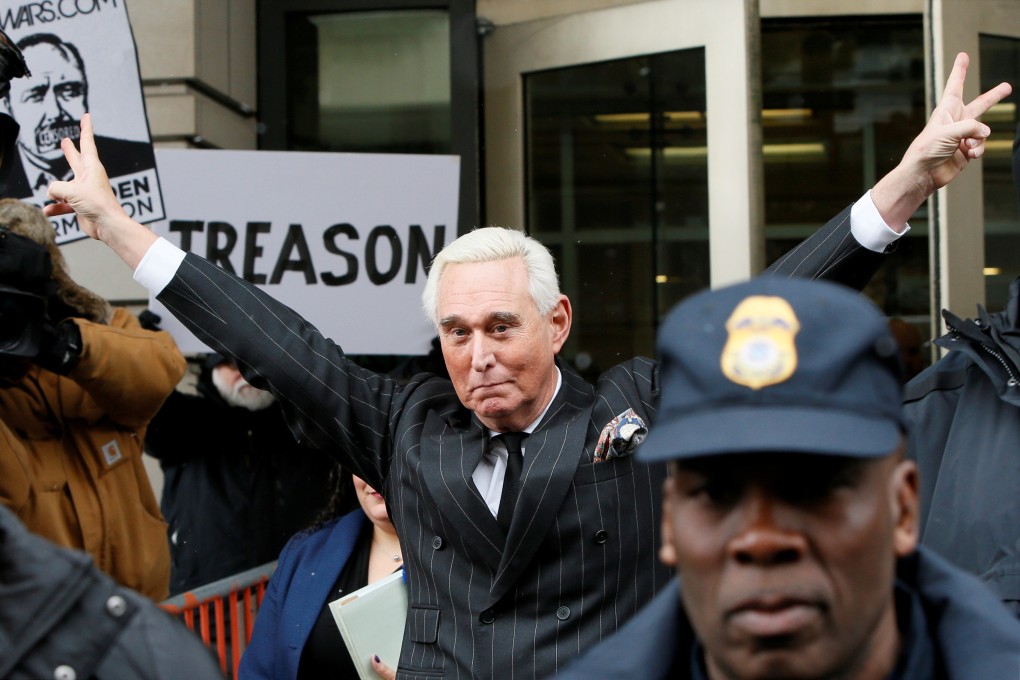 Roger Stone, long-time political ally of US President Donald Trump, flashes a victory gesture as he departs following a status conference in the criminal case against him brought by Special Counsel Robert Mueller at US District Court in Washington on February 1. Photo: Reuters