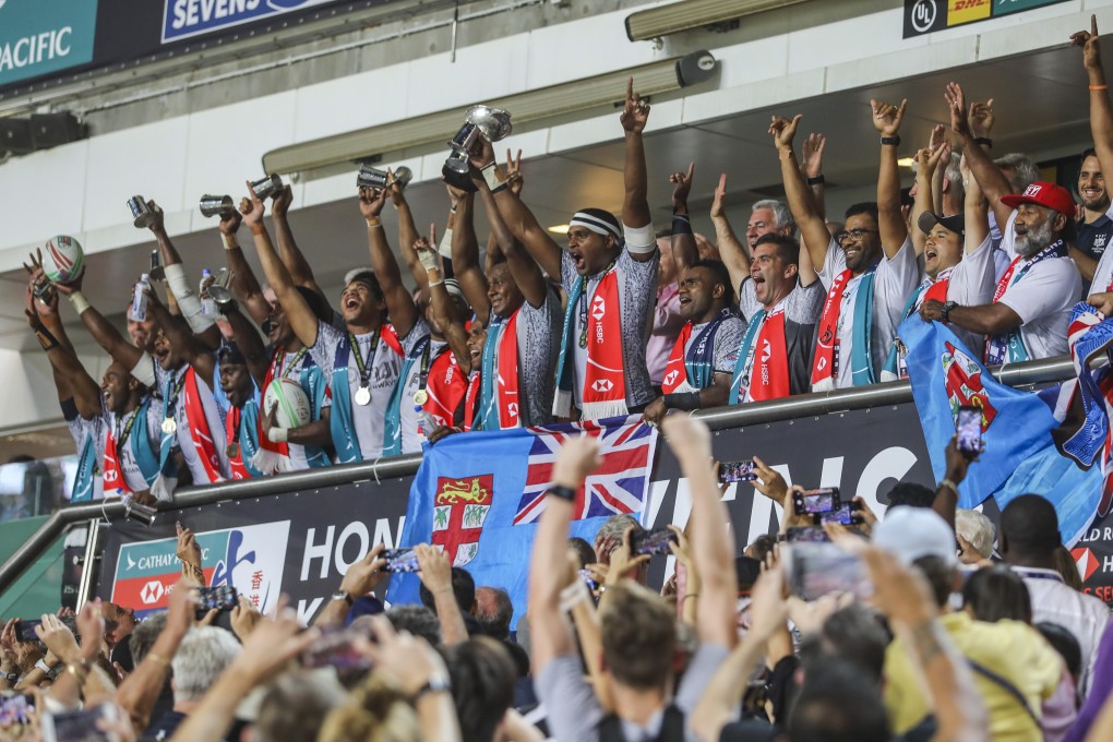 It was a familiar sight at Hong Kong Stadium on Sunday, with Fiji lifting the trophy after beating France in the Hong Kong Sevens final. Photo: Sam Tsang