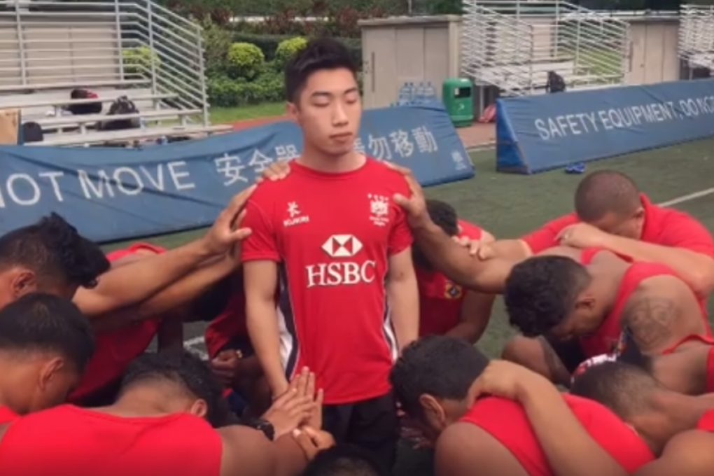 The Tongan Sevens team sing and pray for Jonathan Mo as he prepares for heart surgery. Photos: Handout