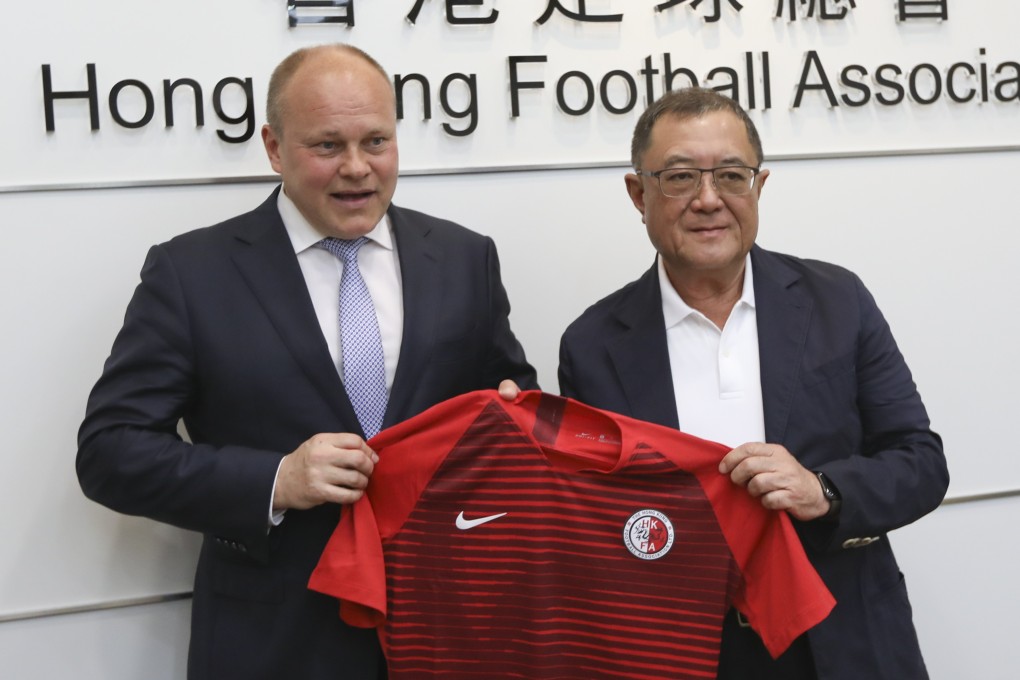 New Hong Kong football coach Mixu Paatelainen with HKFA chairman Brian Leung. Photo: Roy Issa