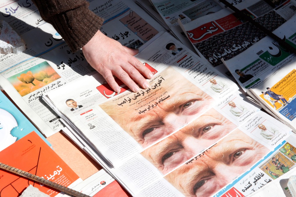 Copies of the Iranian daily newspapers ‘Shargh’ with a picture of US President Donald Trump on its front page in Tehran on April 9, 2019. Photo: EPA
