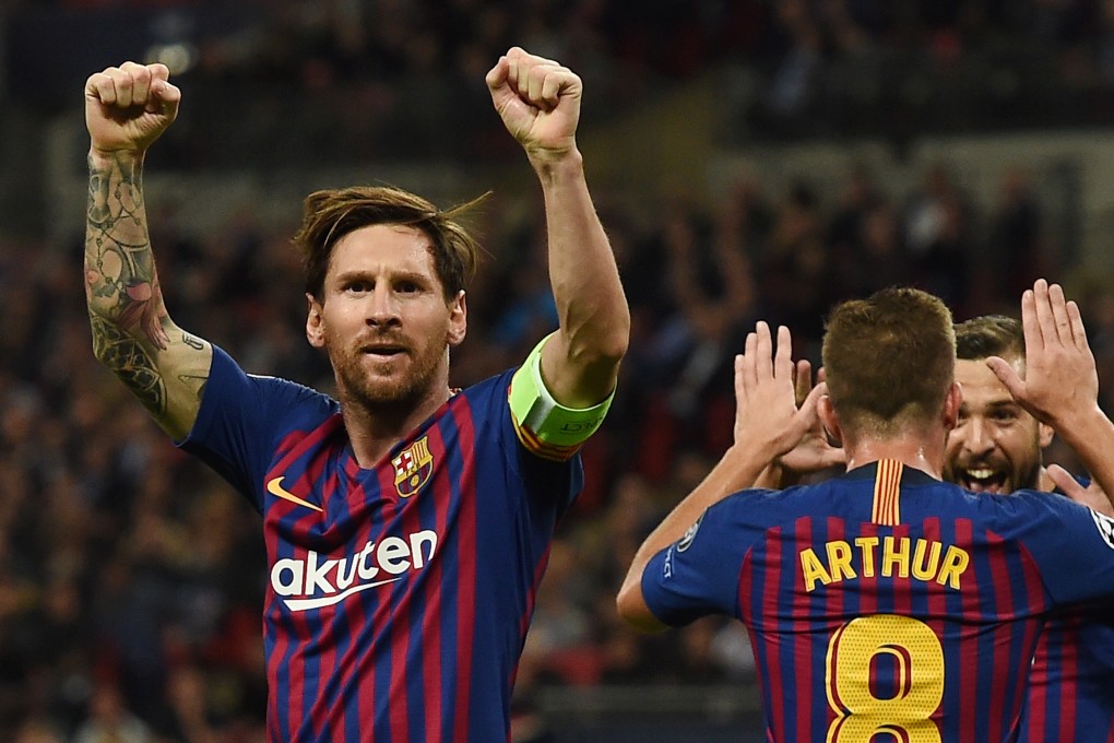 Lionel Messi celebrates Barcelona’s third goal against Tottenham Hotspur in the Champions League last October. Photo: EPA