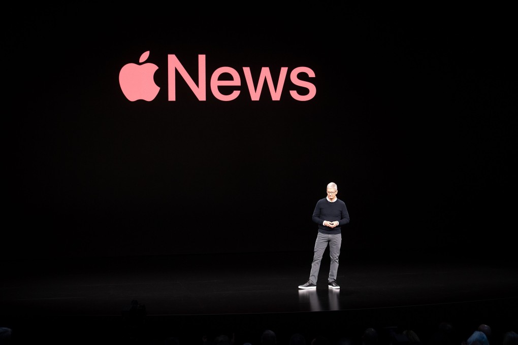 Apple CEO Tim Cook discusses Apple News during a launch event at the company’s headquarters in Cupertino, California, on March 25. Photo: AFP