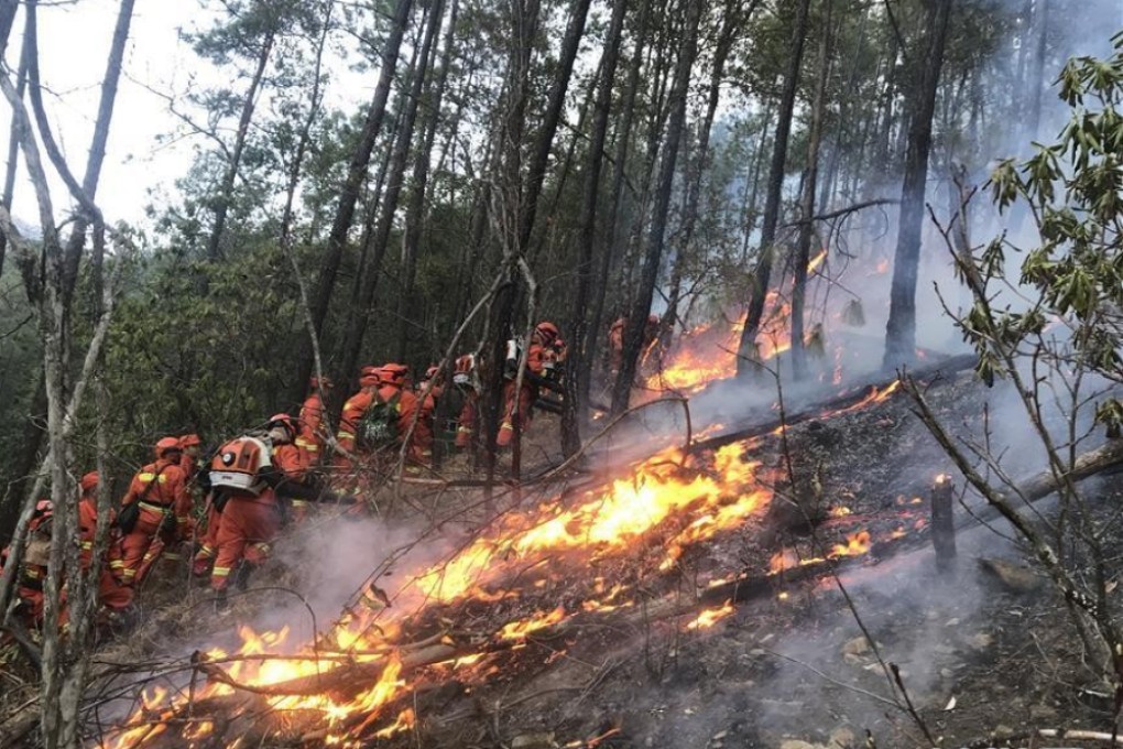Firefighters tackle a fire in Sichuan’s Mianning county. Photo: Xinhua