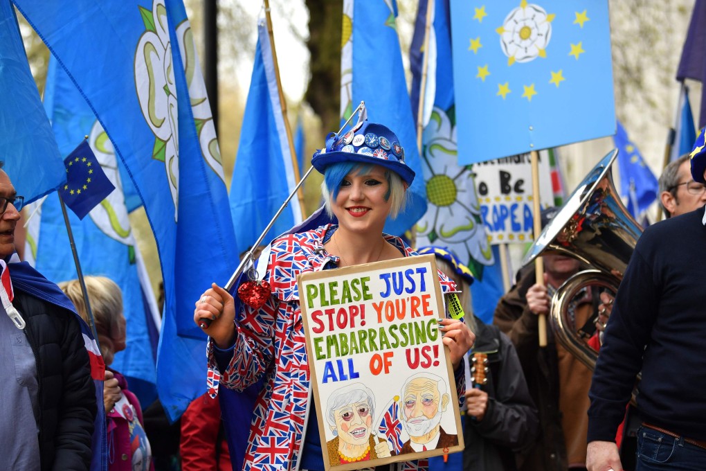 Anti-Brexit demonstrators from Yorkshire demonstrate outside the Houses of Parliament in central London on April 8, 2019. Photo: AFP