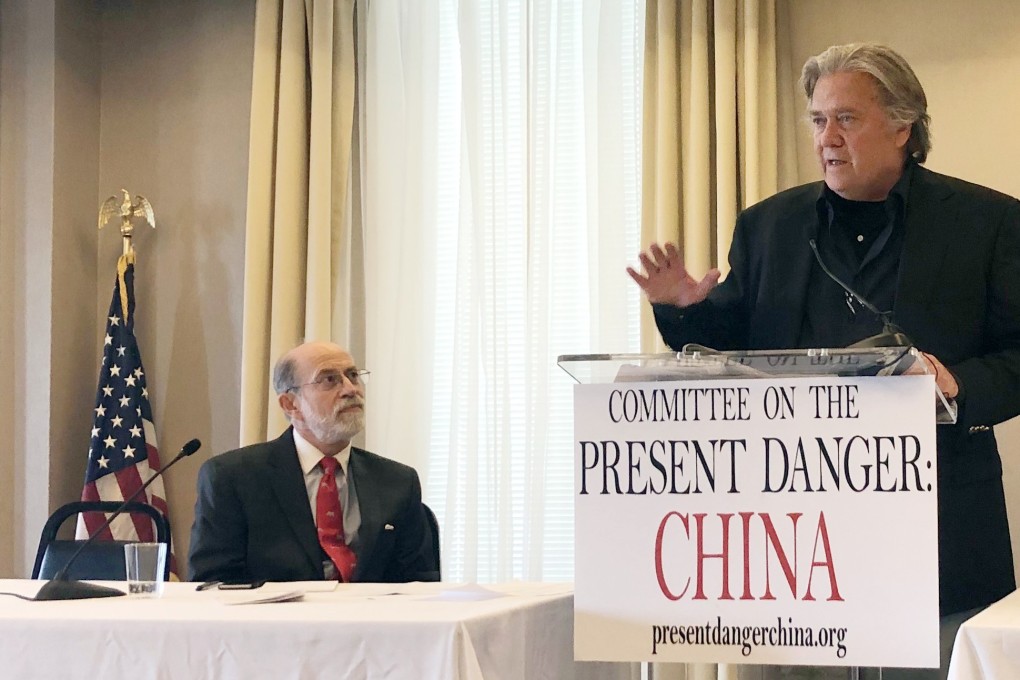Steve Bannon, watched by Frank Gaffney, speaks at the launch of the latest iteration of the Committee on the Present Danger last month. Photo: Robert Delaney