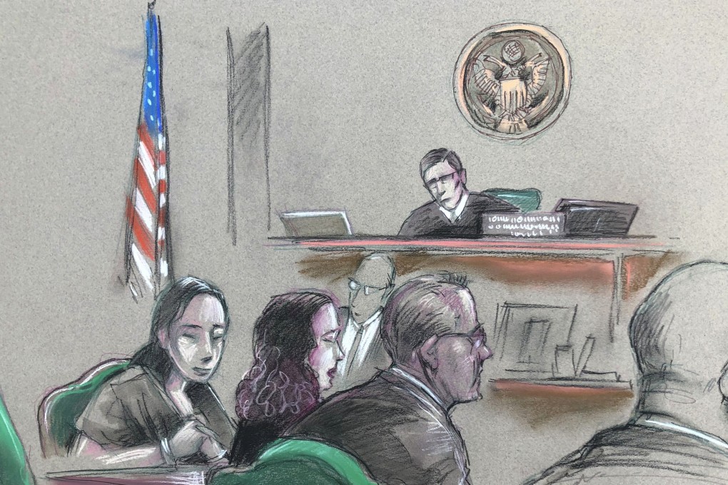 In this artist sketch, Zhang Yujing (left) listens to a hearing on Monday, April 8, 2019 before federal Magistrate Judge William Matthewman. Photo: AP