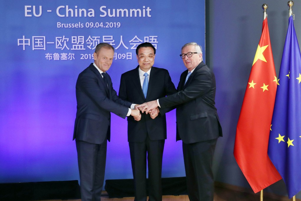 From left, European Council President Donald Tusk, Chinese Premier Li Keqiang and European Commission President Jean-Claude Juncker in Brussels. The release of a joint statement by the EU and China is seen as a big step towards the creation of an EU-China Comprehensive Investment Agreement by next year. Photo: Xinhua