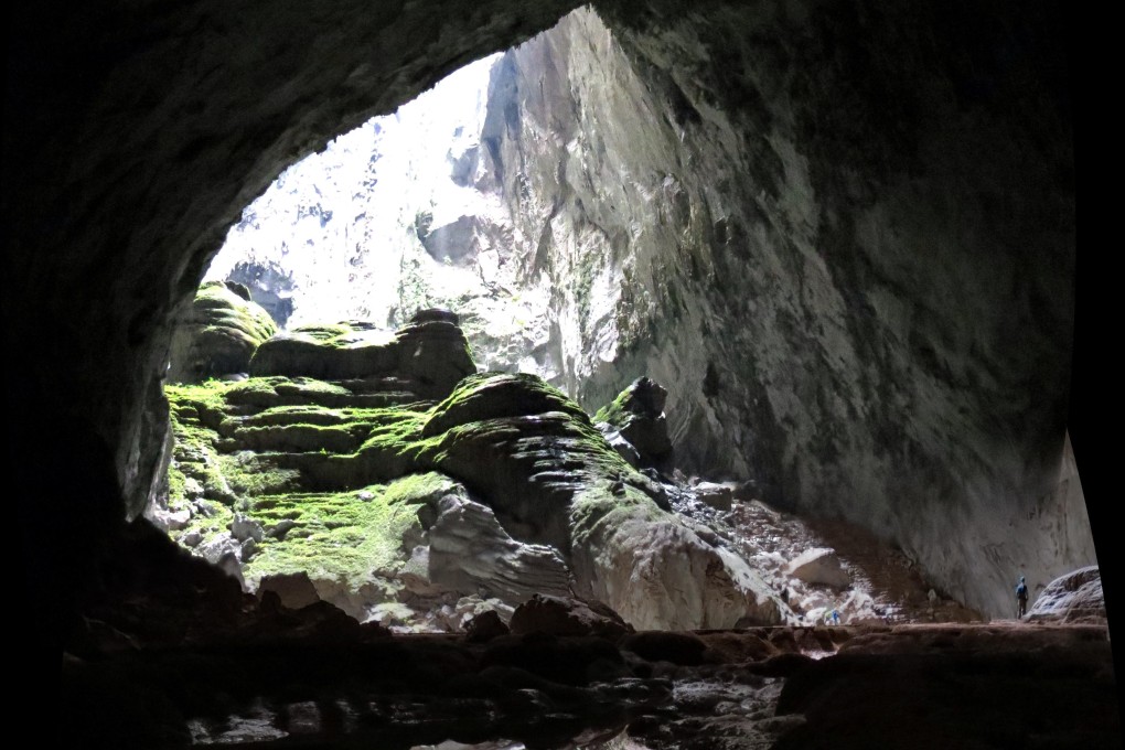 The entrance to the Son Doong cave in central Vietnam. The human in the bottom right of the picture gives a sense of the size of the cave. Photo: Douglas Knuth
