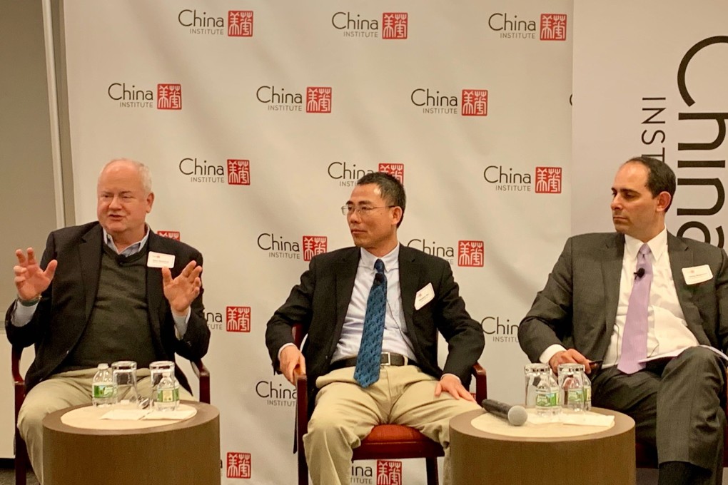 Gary Rieschel (left) of Qiming Venture Partners speaks at the China Institute Executive Summit on Thursday in New York. With him are Vincent Mo (centre) of Fang Holdings and Jeremie Waterman, vice-president for Greater China at the US Chamber of Commerce. Photo: Jodi Xu Klein
