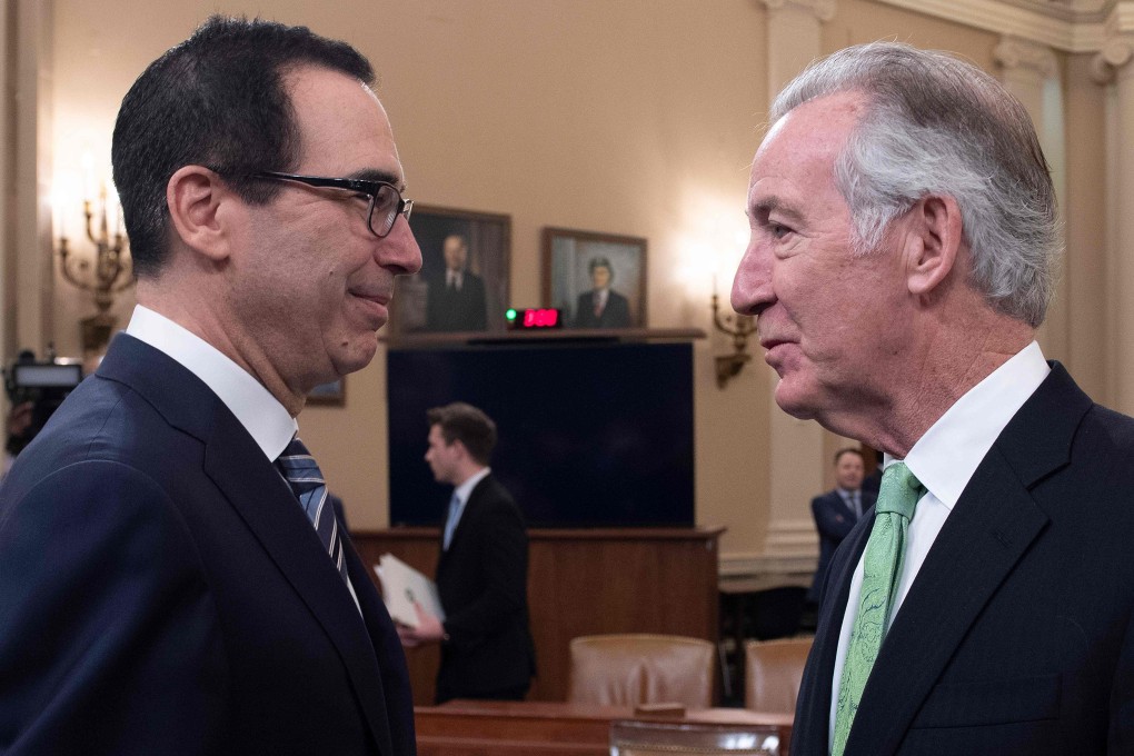 US Treasury Secretary Steven Mnuchin (left) and the chairman of the House Ways and Means Committee, Richard Neal (right; both seen on Saturday before a Congress meeting about Trump’s 2020 budget proposal), are at loggerheads over whether Trump should release his tax returns. Photo: AFP