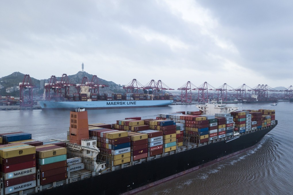 The Soro Enshi container ship, operated by AP Moller-Maersk at the Yangshan deep water port in Shanghai on Tuesday, July 10, 2018. Photo: Bloomberg