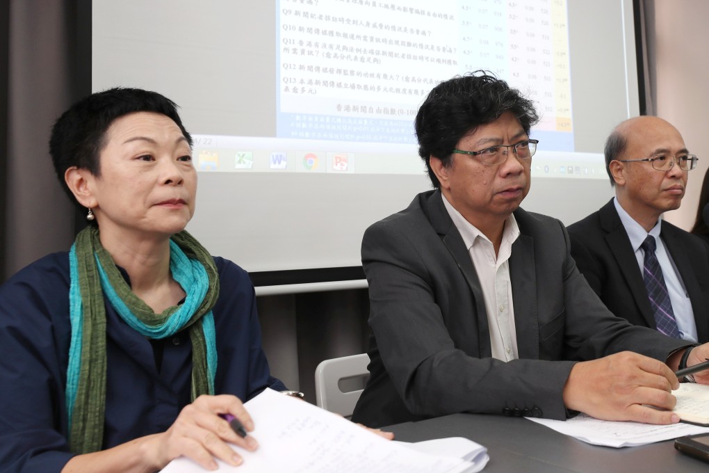 (From left): Shirley Yam, vice-president of the Hong Kong Journalists Association; Chris Yeung Kin-hing, chairman of the association; and Professor Clement So York-kee from the school of journalism and communication at Chinese University. Photo: Handout
