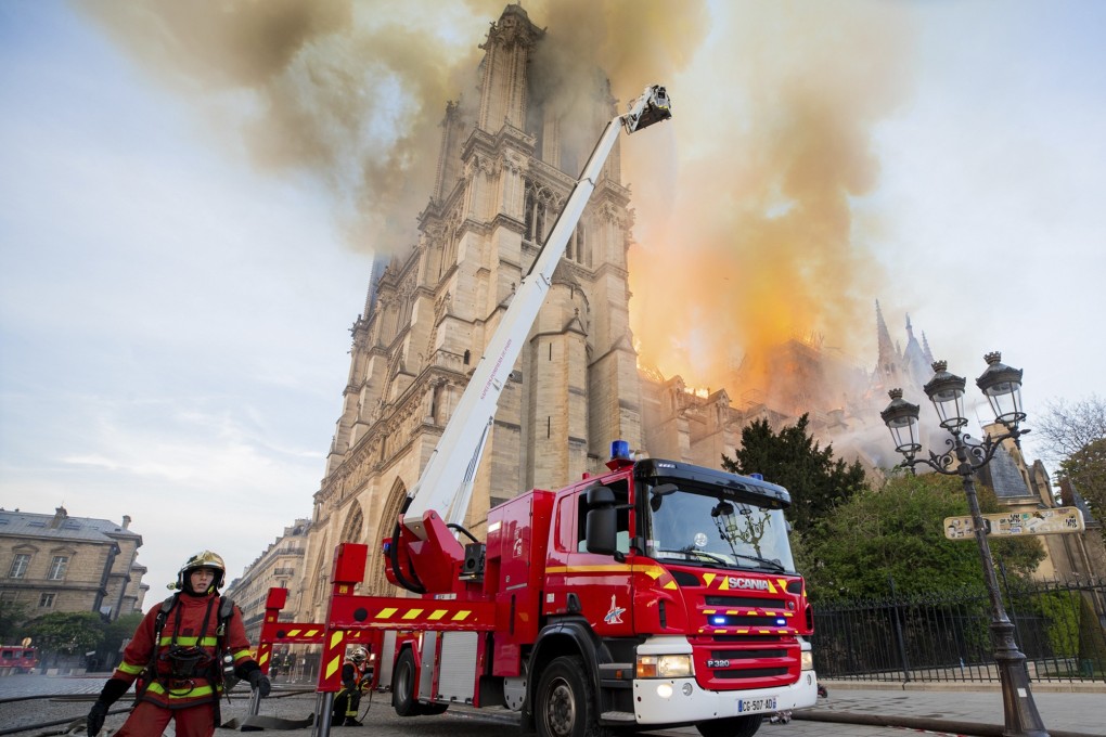 This photo provided on Tuesday April 16, 2019 by the Paris Fire Brigade shows fire fighters working at the burning Notre Dame cathedral. Photo: BSPP via AP