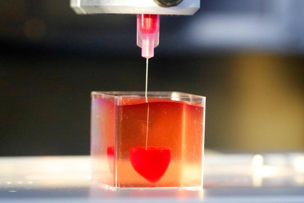 A 3D print of a heart with human tissue at the University of Tel Aviv in Israel. Photo: AFP