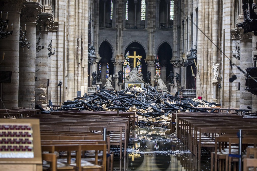 Debris inside Notre Dame in Paris on Tuesday, the day after a devastating fire. Photo: AP