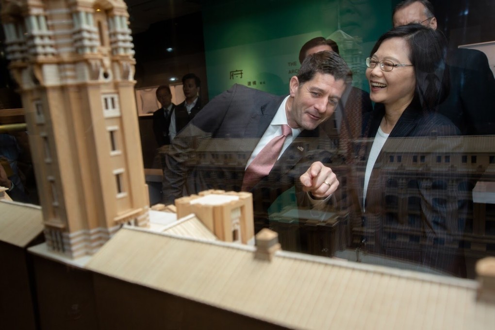 Taiwanese President Tsai Ing-wen attends an event with former speaker of the US House of Representatives Paul Ryan in Taipei on Monday. Ryan led a 26-member delegation to Taiwan to mark the 40th anniversary of the Taiwan Relations Act. Photo: Taiwan Presidential Office via AP