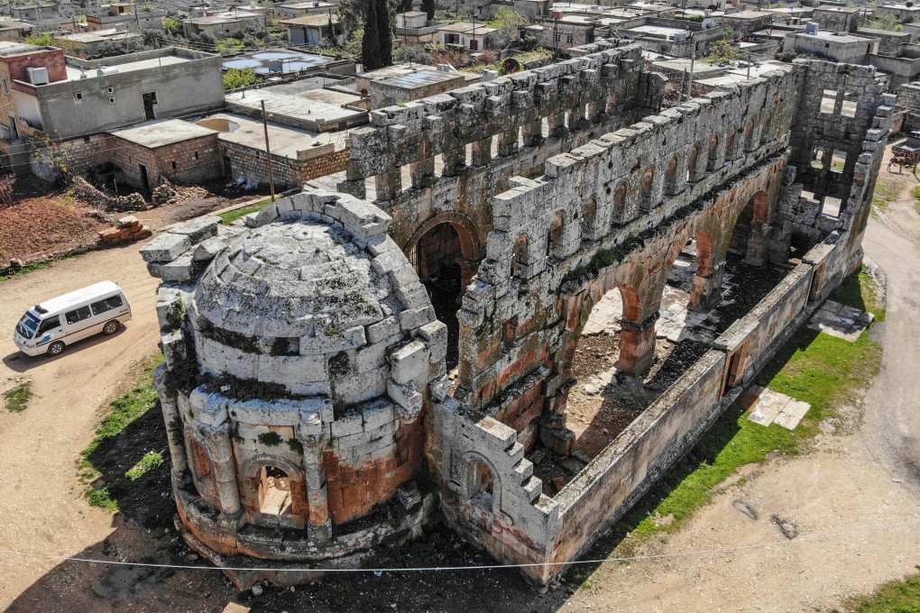 An aerial view of the 5th century basilica in Qalb Lozeh village in northwestern Syria on Thursday. Photo: AFP