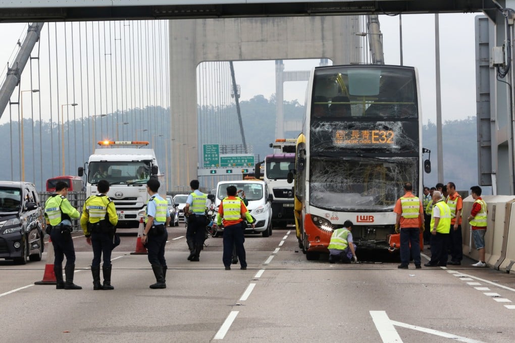 Two Citybus double-deckers, two Long Win buses and one from the Park Island Transport Company were involved in a serial crash on the airport-bound lane of Tsing Ma bridge on April 21. At least 40 people were injured. Photo: Sam Tsang