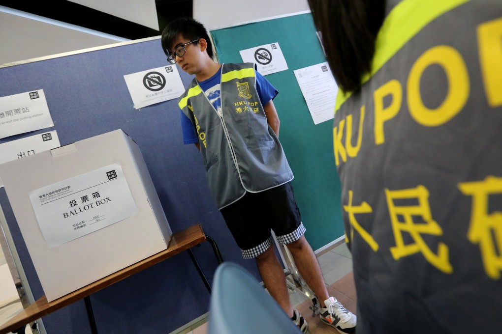 A volunteer from the HKU public opinion programme stands near ballot boxes during a mock referendum at the university’s campus in Pok Fu Lam in 2014. Photo: SCMP