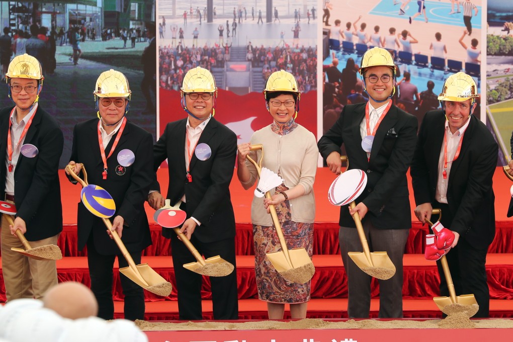 Hong Kong Chief Executive Carrie Lam Cheng Yuet-ngor and other officials at the groundbreaking ceremony on Tuesday for the new Kai Tak Sports Park. Photo: Sam Tsang