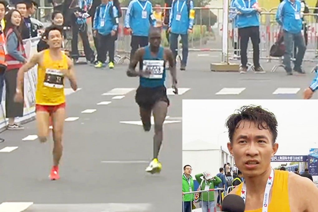 Wu Xiangdong sprints to the finish to become China’s top finisher at the Shanghai international half-marathon. He was later interviewed on TV. Photo: Sina.com