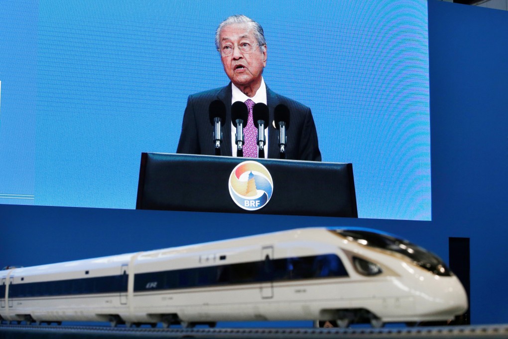 A media centre’s screen shows Malaysian Prime Minister Mahathir Mohamad delivering a speech at the opening ceremony for the second Belt and Road Forum, next to a replica of a Chinese high-speed train, in Beijing on Friday. Photo: Reuters