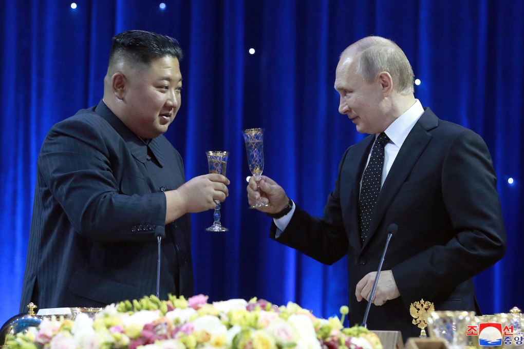 North Korean leader Kim Jong-un and Russian President Vladimir Putin at an official reception following their talks in Vladivostok in an undated photo released on Thursday. Photo: KCNA via Reuters