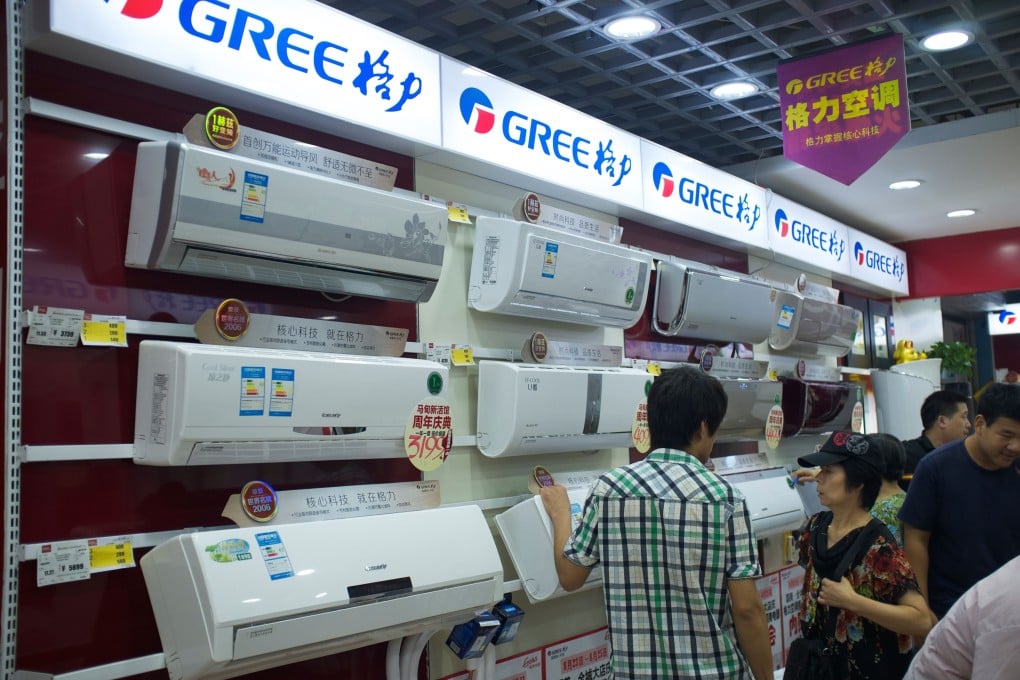 Gree air conditioners on sale in a Beijing store. Citi said the company’s first-quarter earnings would be sluggish as its domestic air conditioner shipment volumes were slower than that of major rival Midea Group, as well as the industry average. Photo: Alamy