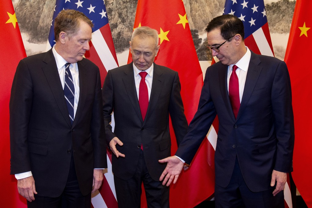 From left: US Trade Representative Robert Lighthizer, China's Vice-Premier Liu He, and US Treasury Secretary Steven Mnuchin are due to resume trade negotiations in Beijing on Tuesday. Photo: AP