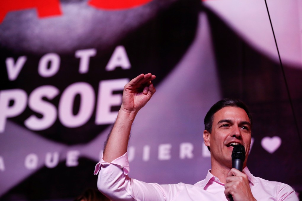 Spain’s Prime Minister Pedro Sanchez of the Socialist Workers’ Party (PSOE) speaks to supporter while celebrating the result in Spain's general election in Madrid. Photo: Reuters
