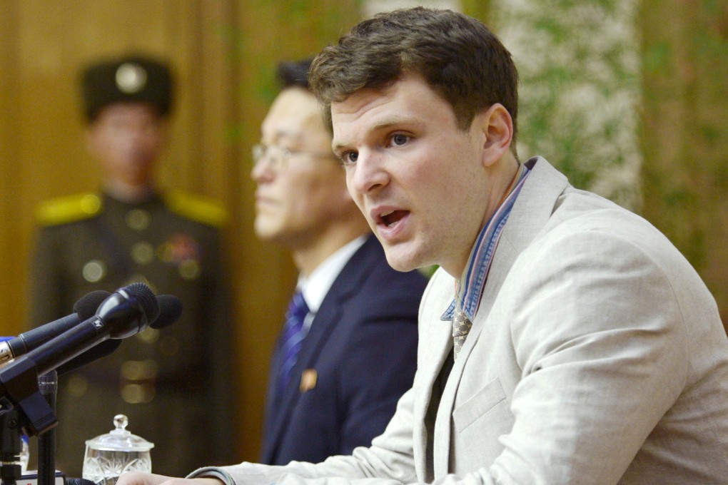 Otto Warmbier attends a news conference in Pyongyang, North Korea, in this photo released in February 2016. Photo: Kyodo via Reuters