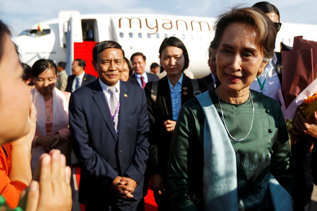 Myanmar’s State Counsellor Aung San Suu Kyi arrives at Phnom Penh International Airport in Cambodia on April 29. Photo: Reuters