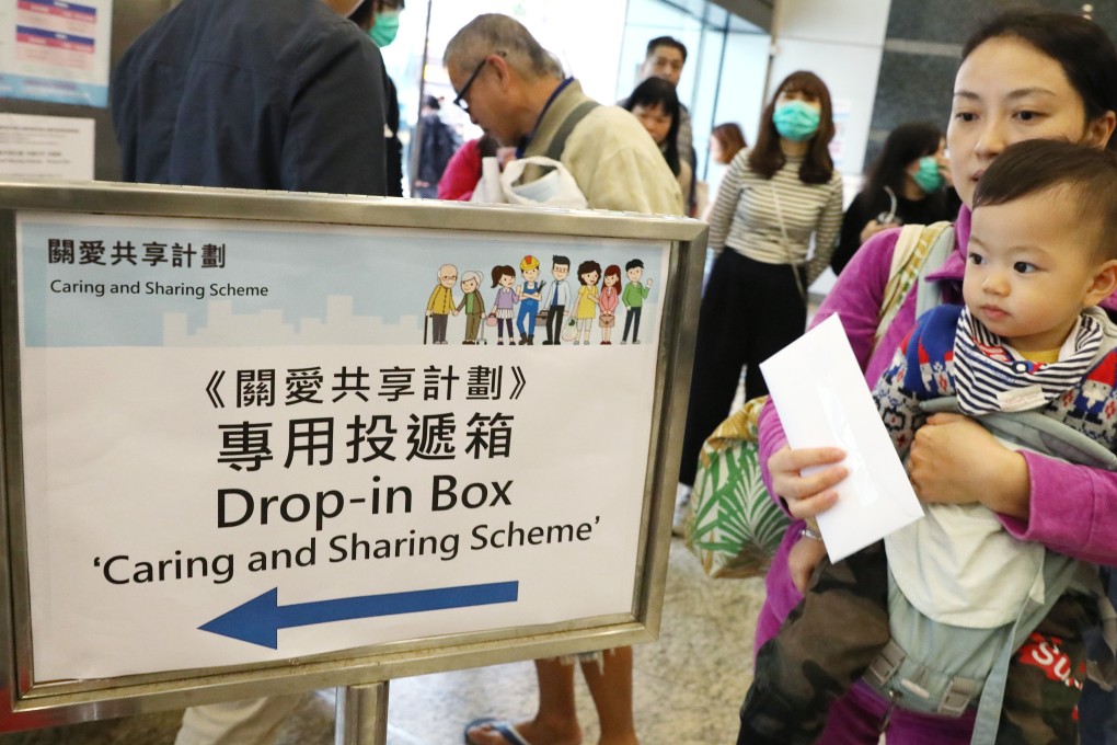 A young mother drops in her application for the Caring and Sharing Scheme at the Cheung Sha Wan Government office in Sham Shui Po. Photo: Dickson Lee