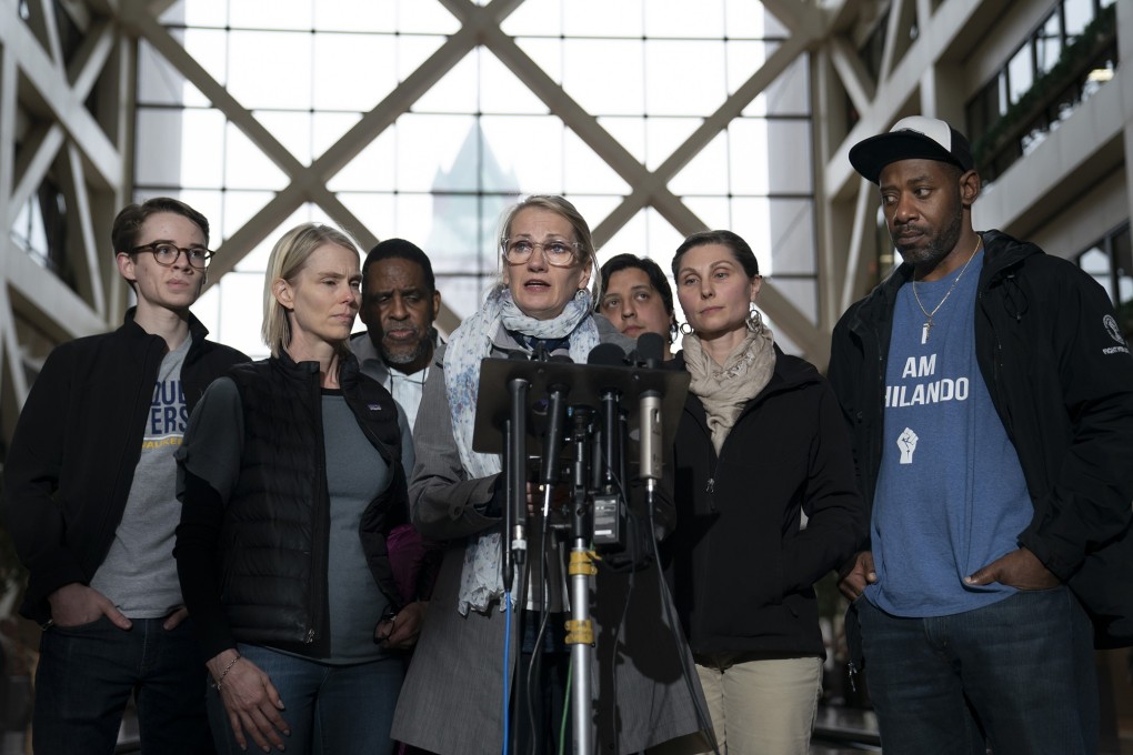 Sarah Kuhnen speaks for Justice for Justine after police officer Mohamed Noor is found guilty in the shooting death of Justine Ruszczyk Damond. Photo: Tribune News Service